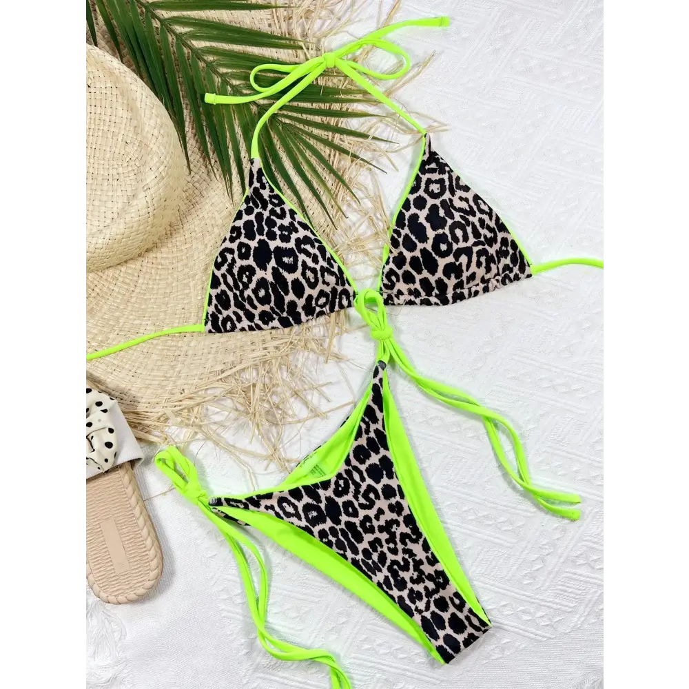 Pink Leopard Print Halter Bikini Set