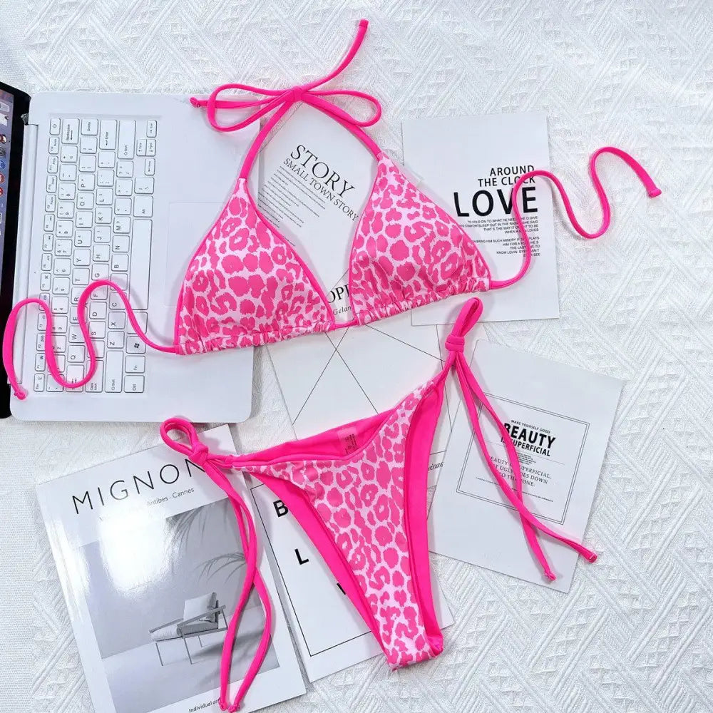 Pink Leopard Print Halter Bikini Set