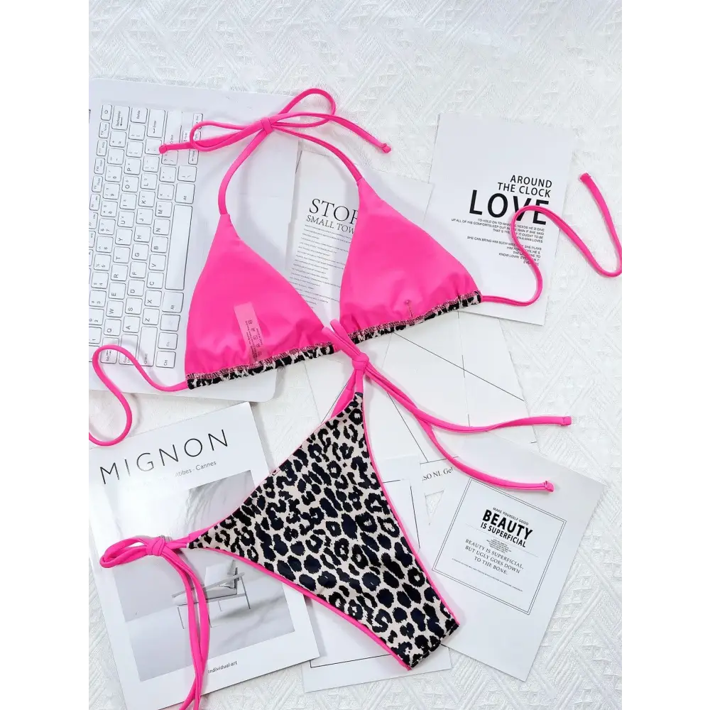 Pink Leopard Print Halter Bikini Set