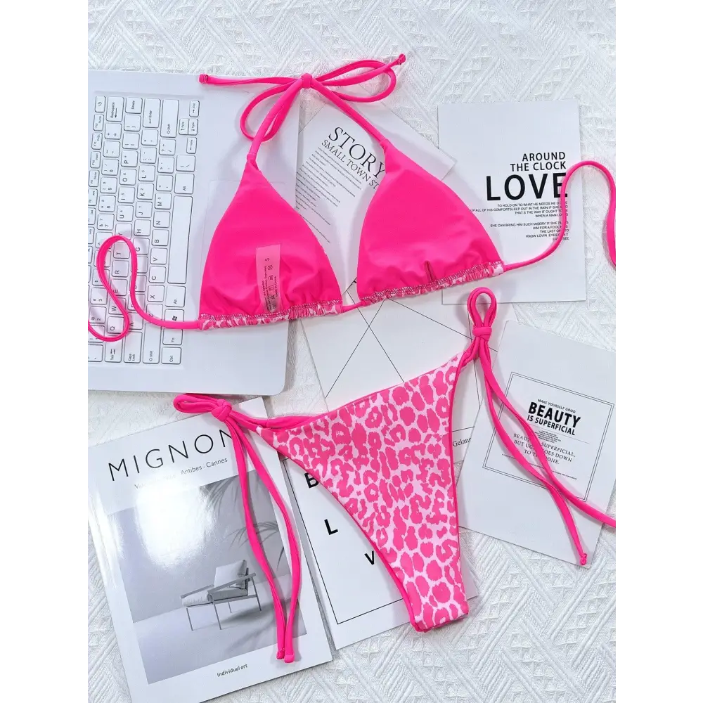 Pink Leopard Print Halter Bikini Set