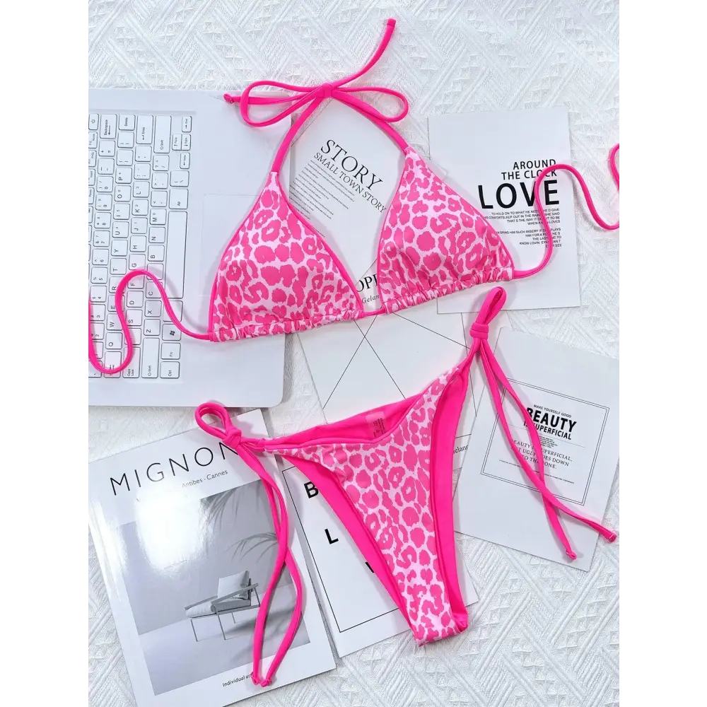 Pink Leopard Print Halter Bikini Set