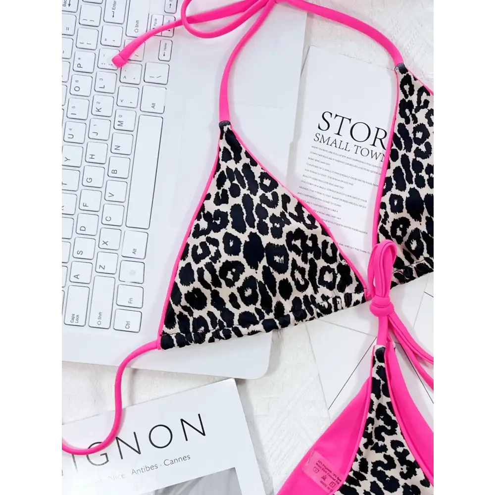 Pink Leopard Print Halter Bikini Set