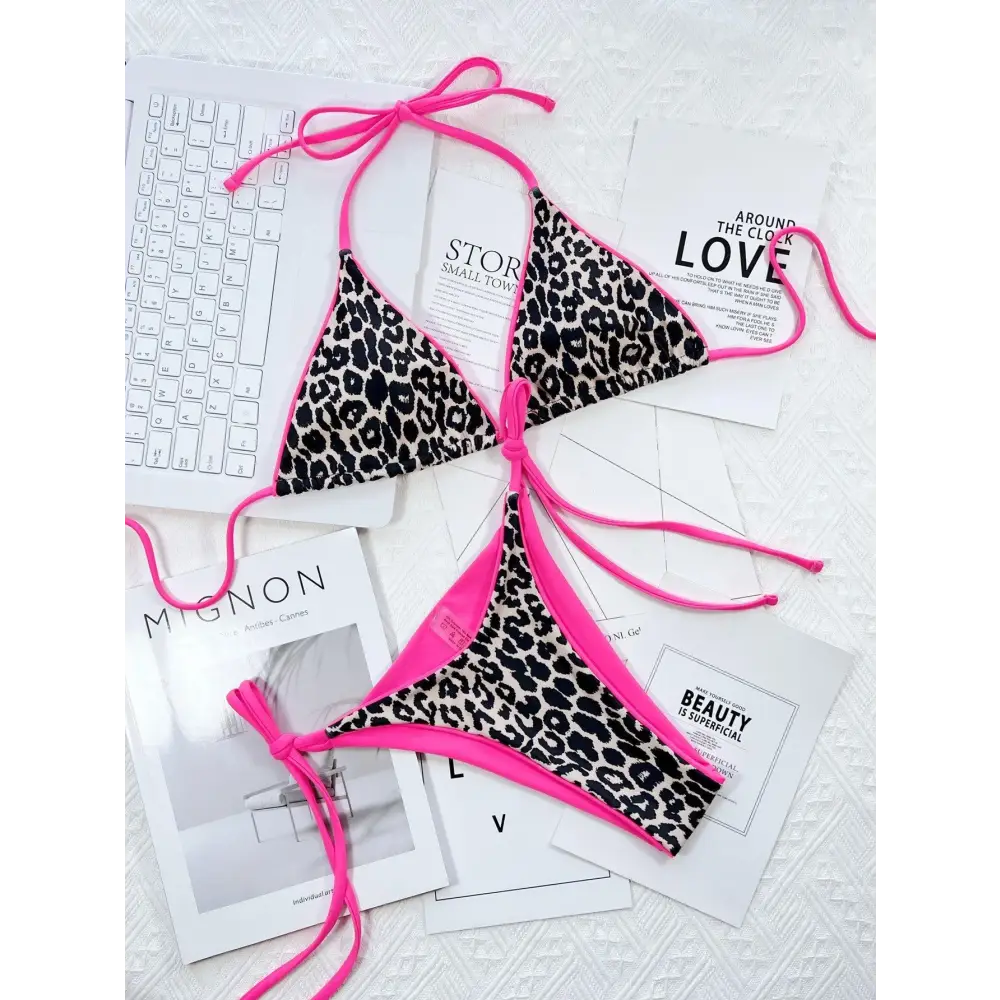 Pink Leopard Print Halter Bikini Set