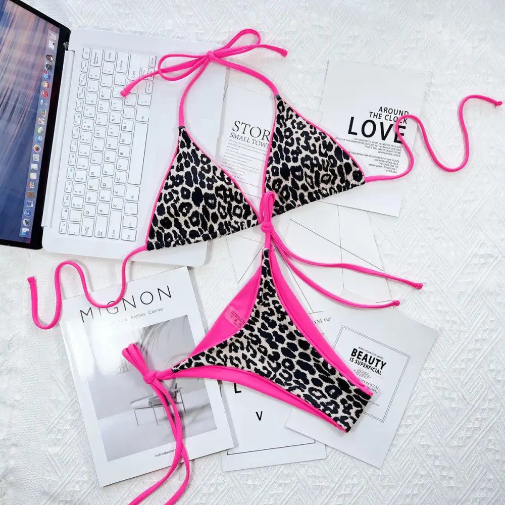 Pink Leopard Print Halter Bikini Set