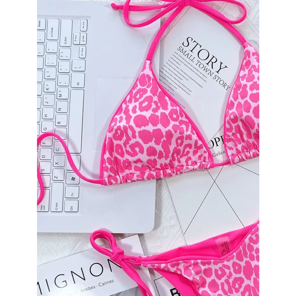 Pink Leopard Print Halter Bikini Set