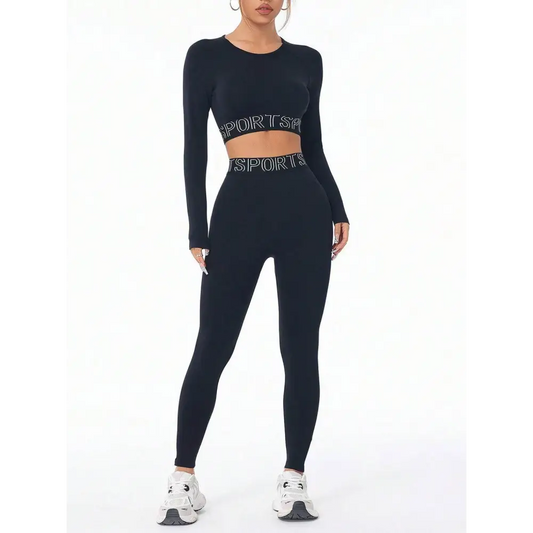 Letter Print Round Neck Long Sleeve Top and Leggings Active Set - Black / S - CynthiaMonica CM