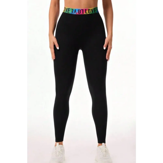 Letter Printed High Waist Active Leggings - Black / S - CynthiaMonica CM