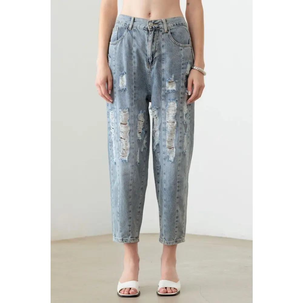 Bold Washed Barrel Leg High Waist Distressed Jeans