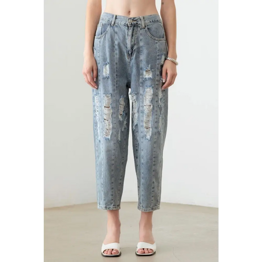 Litz La Washed Barrel Leg High Waist Distressed Jeans - CM Fashion