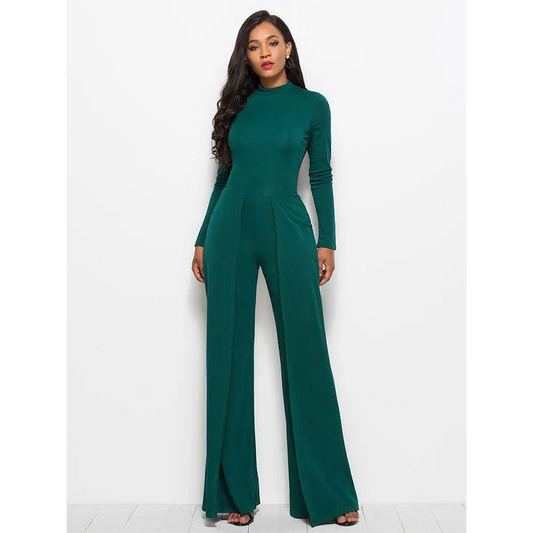 Long Sleeve Mock Neck Wide Leg Jumpsuit - CM Fashion