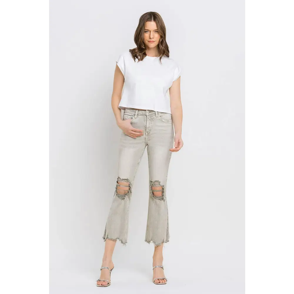 Lovervet Distressed Raw Hem Cropped Flare Jeans Elevate Your Style