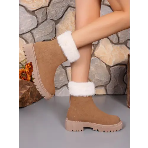 Faux Fur Trim Suede Platform Boots - CM Fashion