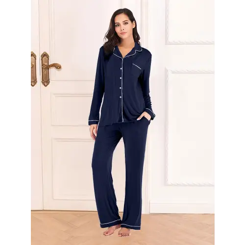 Collared Neck Long Sleeve Loungewear Set with Pockets - CM