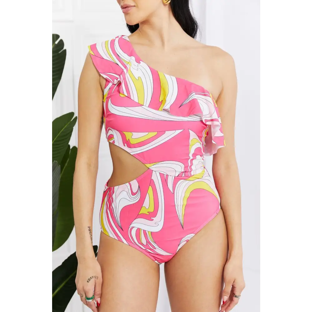 Retro Glam Asymmetric Cutout Ruffle Swimsuit by Marina West Swim