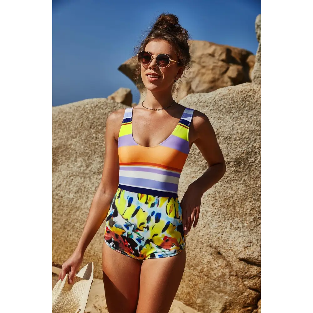 Mixed Print Thick Strap Scoop Neck One-Piece Swimsuit