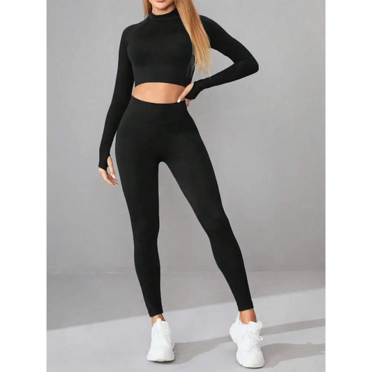 Mock Neck Long Sleeve Top and Leggings Active Set - Black / S - CynthiaMonica CM