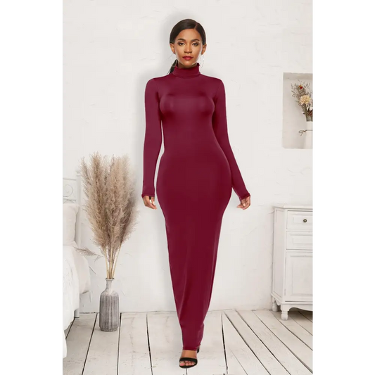 Mock Neck Long Sleeve Maxi Slim Dress - CM Fashion