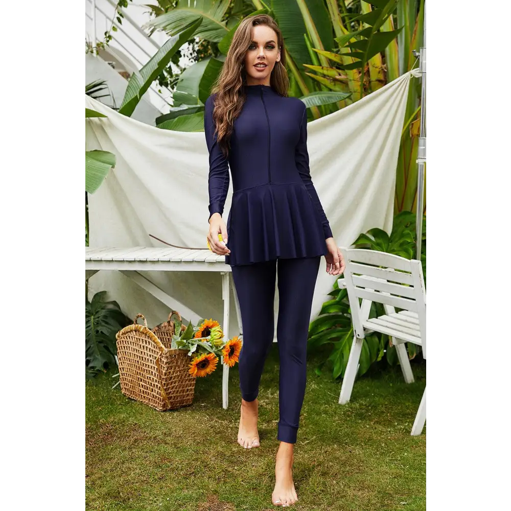 Elegant Navy Mock Neck Long Sleeve One-Piece Swimsuit