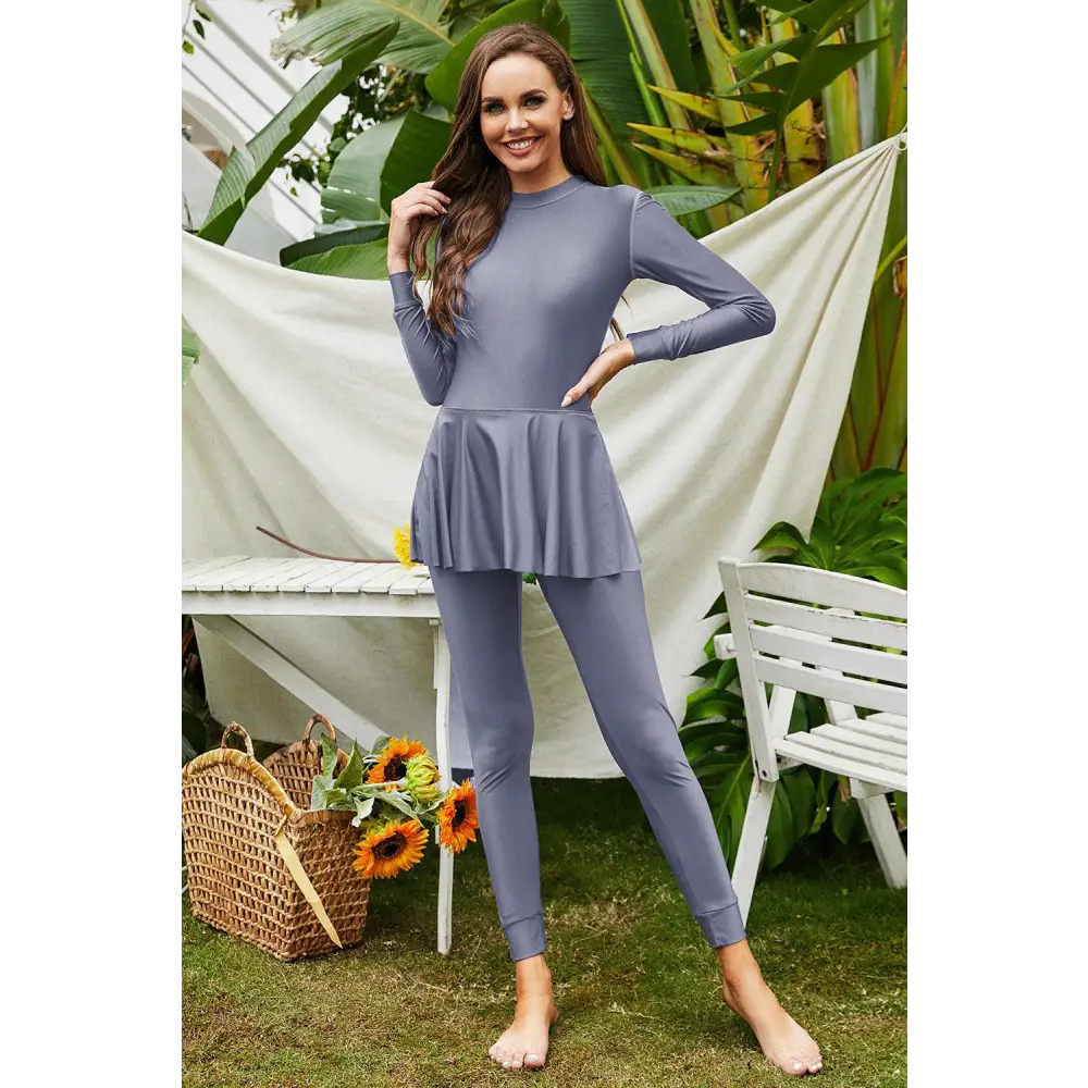 Elegant Navy Mock Neck Long Sleeve One-Piece Swimsuit