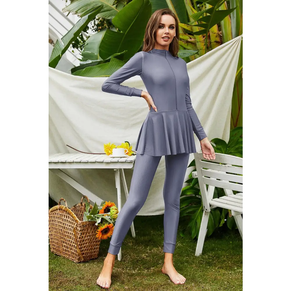 Elegant Navy Mock Neck Long Sleeve One-Piece Swimsuit