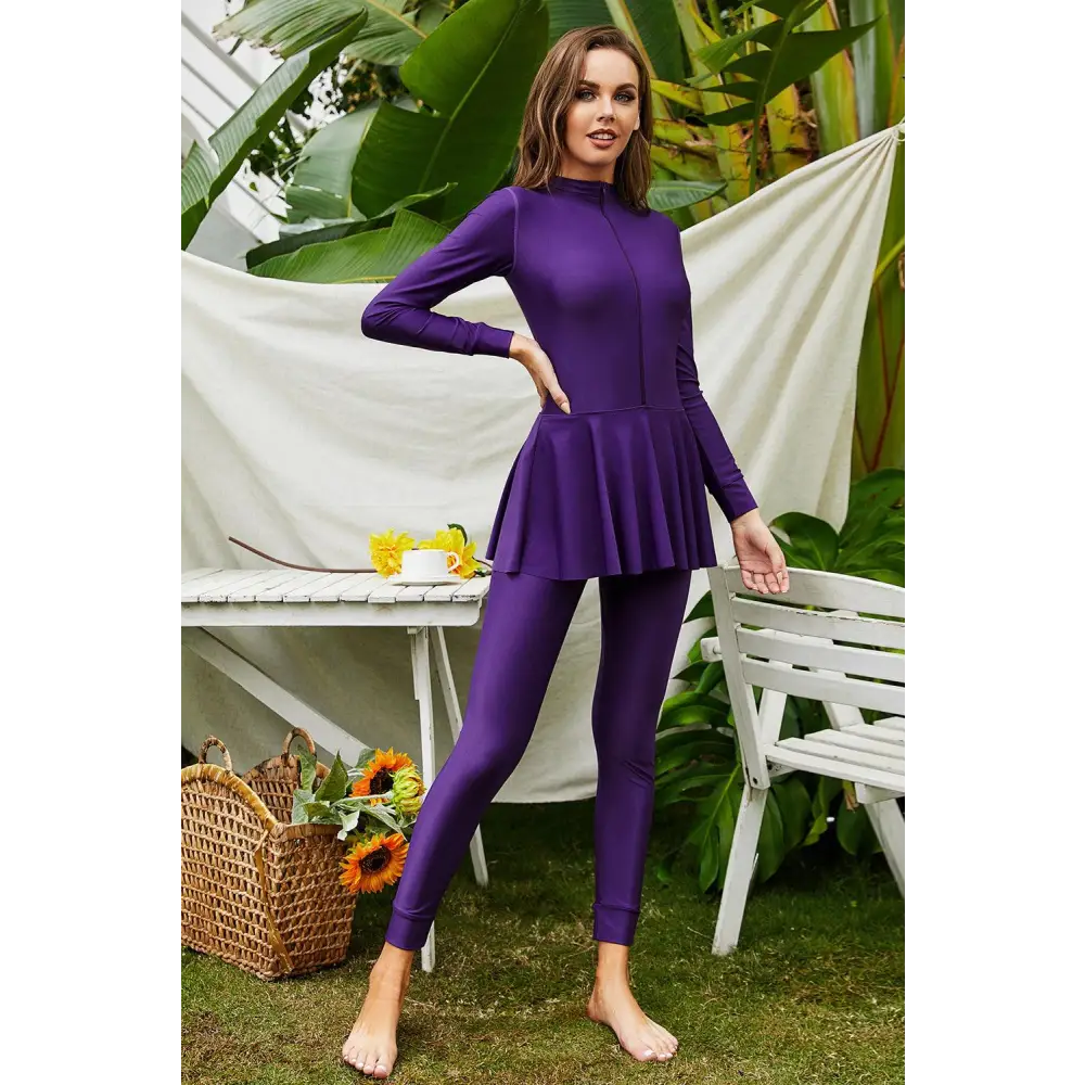 Elegant Navy Mock Neck Long Sleeve One-Piece Swimsuit