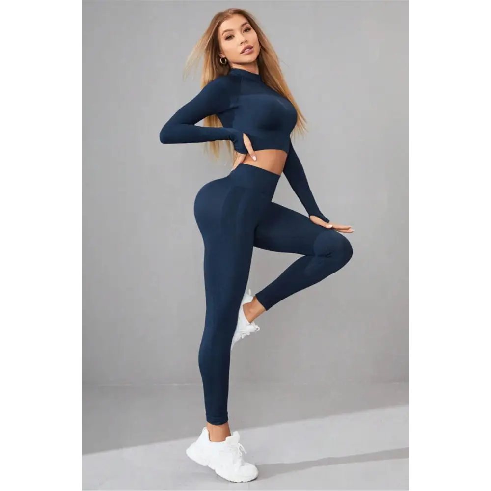 Mock Neck Long Sleeve Top and Pants Active Set