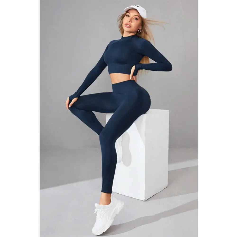 Mock Neck Long Sleeve Top and Pants Active Set