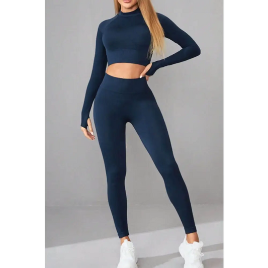 Mock Neck Long Sleeve Top and Pants Active Set - Dark Blue / S - CynthiaMonica CM