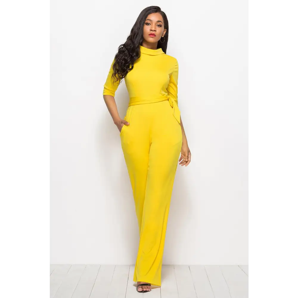 Mock Neck Tie-Waist Half Sleeve Jumpsuit