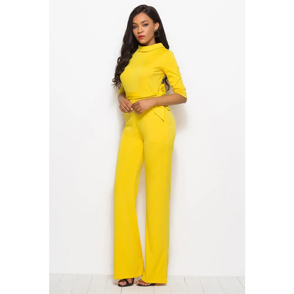 Mock Neck Tie-Waist Half Sleeve Jumpsuit