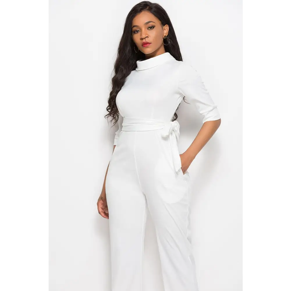 Mock Neck Tie-Waist Half Sleeve Jumpsuit