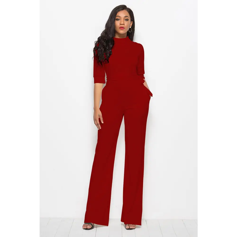 Mock Neck Tie-Waist Half Sleeve Jumpsuit