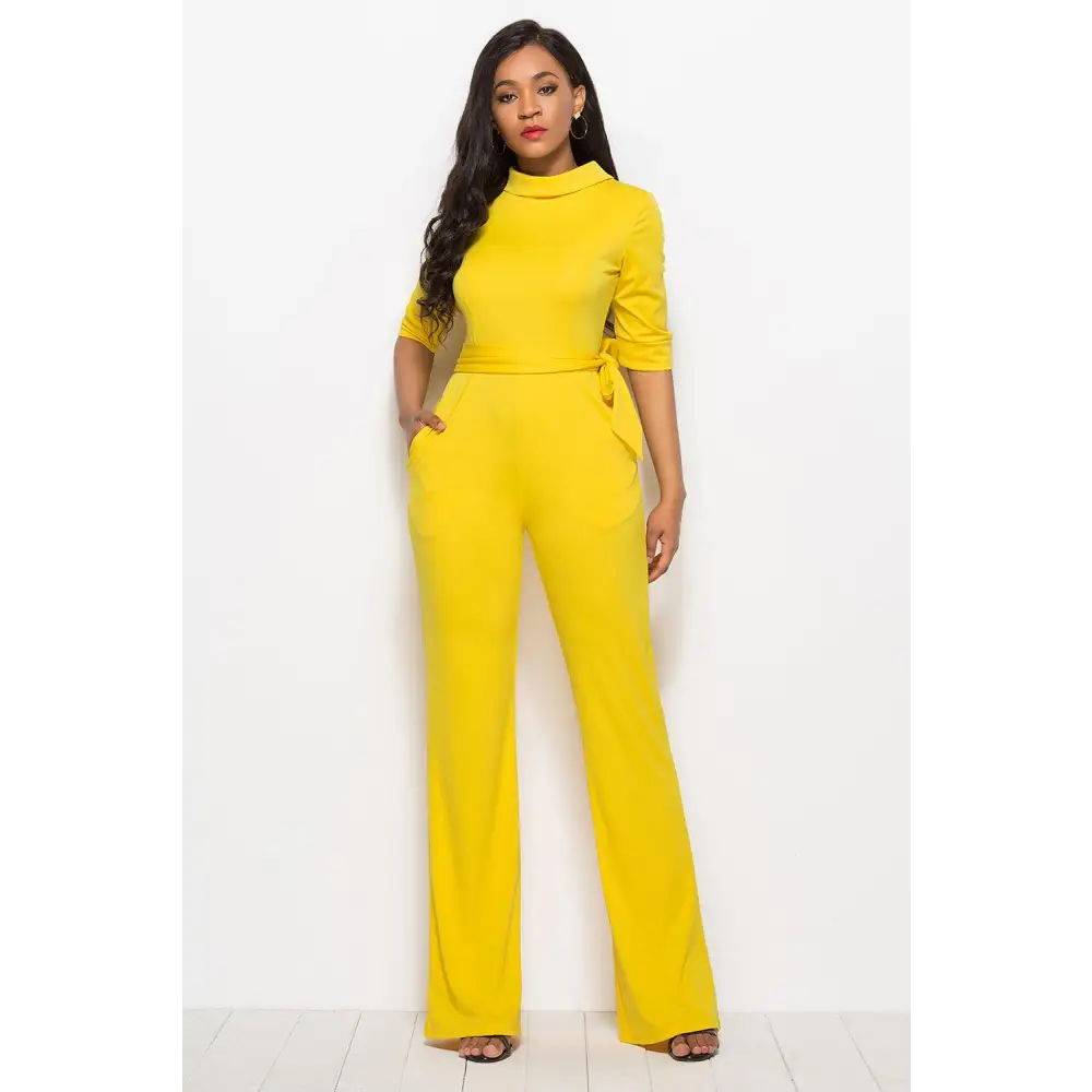 Mock Neck Tie-Waist Half Sleeve Jumpsuit