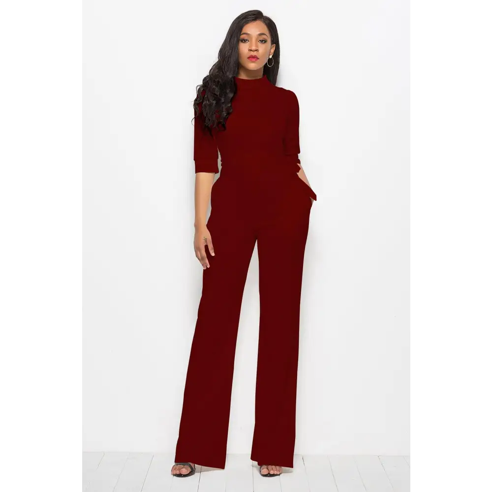 Mock Neck Tie-Waist Half Sleeve Jumpsuit