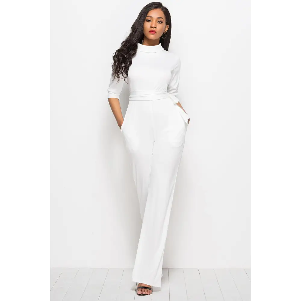 Mock Neck Tie-Waist Half Sleeve Jumpsuit