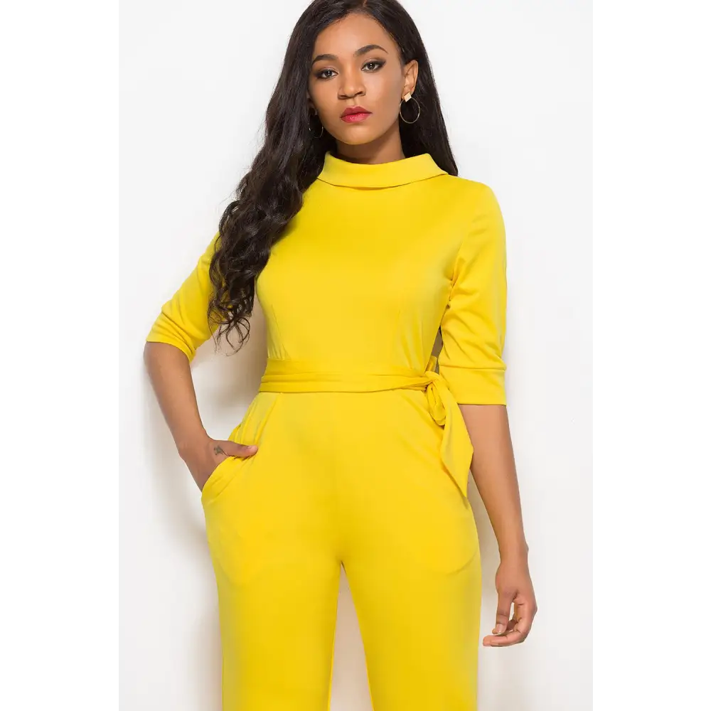 Mock Neck Tie-Waist Half Sleeve Jumpsuit