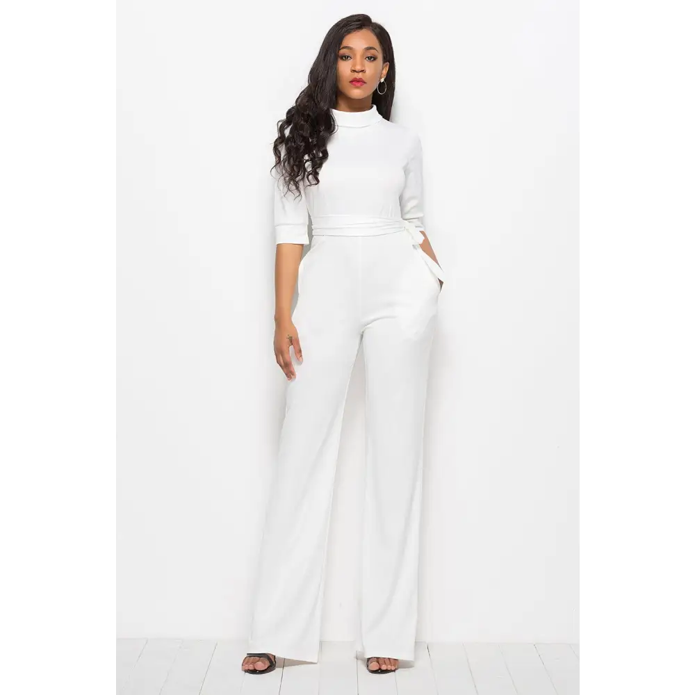 Mock Neck Tie-Waist Half Sleeve Jumpsuit