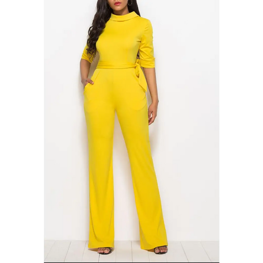 Mock Neck Tie-Waist Half Sleeve Jumpsuit - CM Fashion