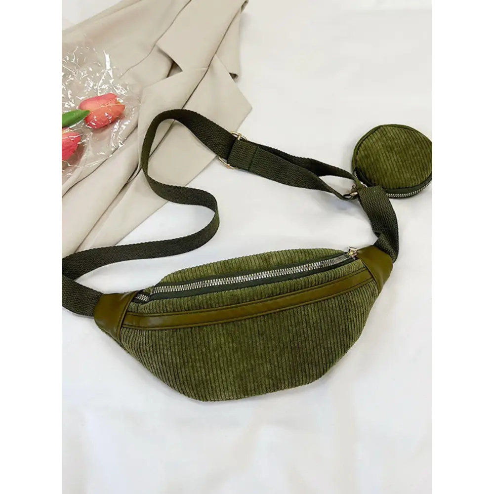 Olive Green Corduroy Adjustable Strap Crossbody Bag with Pouch