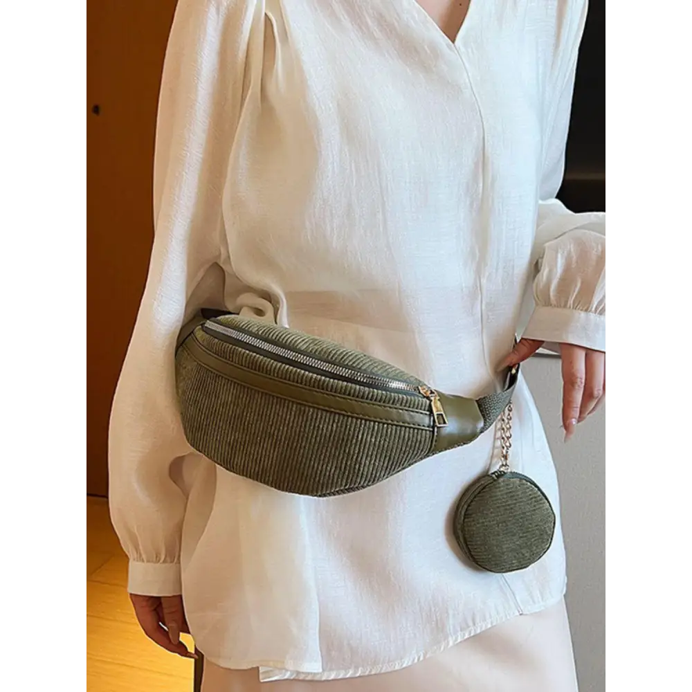 Olive Green Corduroy Adjustable Strap Crossbody Bag with Pouch