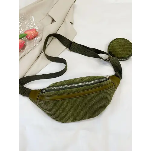 Olive Green Corduroy Crossbody Bag with Adjustable Strap and Pouch