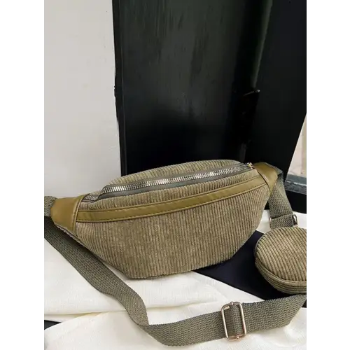 Olive Green Corduroy Crossbody Bag with Adjustable Strap and Pouch