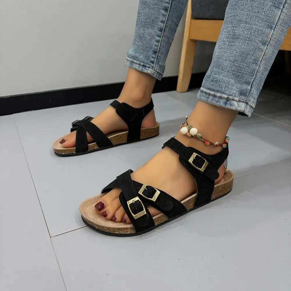 Juno Studio Open Toe Flat Buckle Sandals for Effortless Style