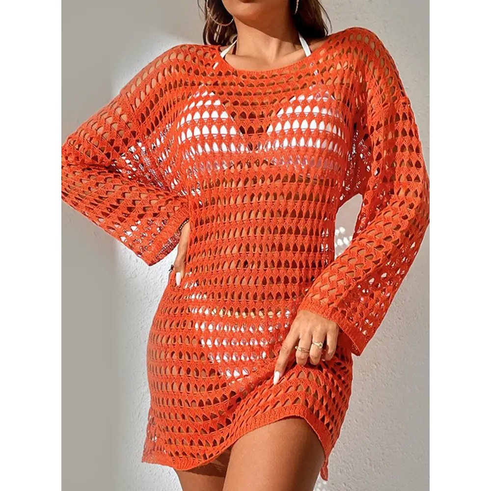 Breezy Openwork Boat Neck Long Sleeve Cover-Up for Beach Chic