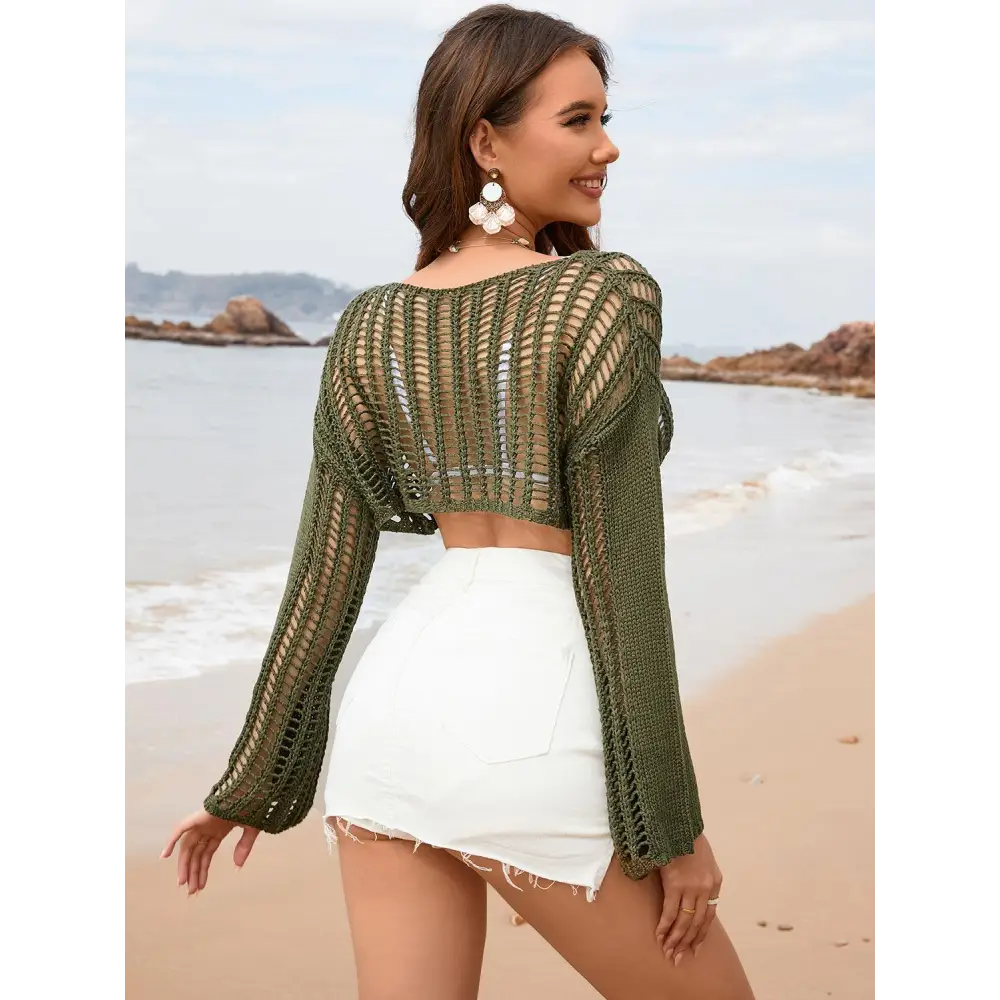 Openwork Boat Neck Long Sleeve Cover-Up