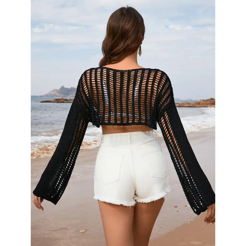 Openwork Boat Neck Long Sleeve Cover-Up