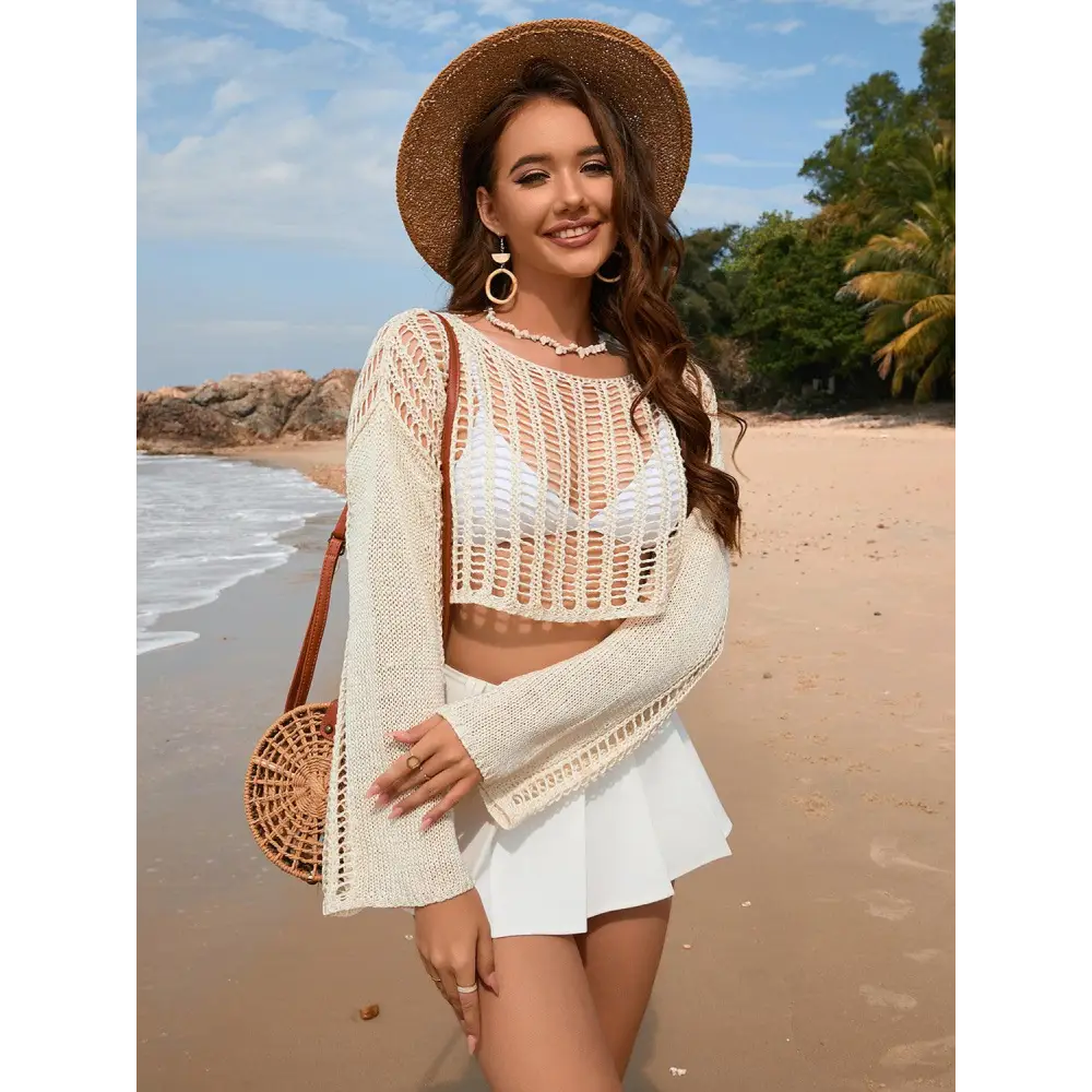 Openwork Boat Neck Long Sleeve Cover-Up