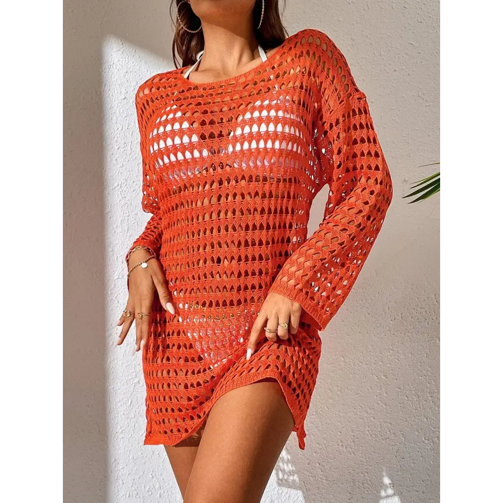 Breezy Openwork Boat Neck Long Sleeve Cover-Up for Beach Chic