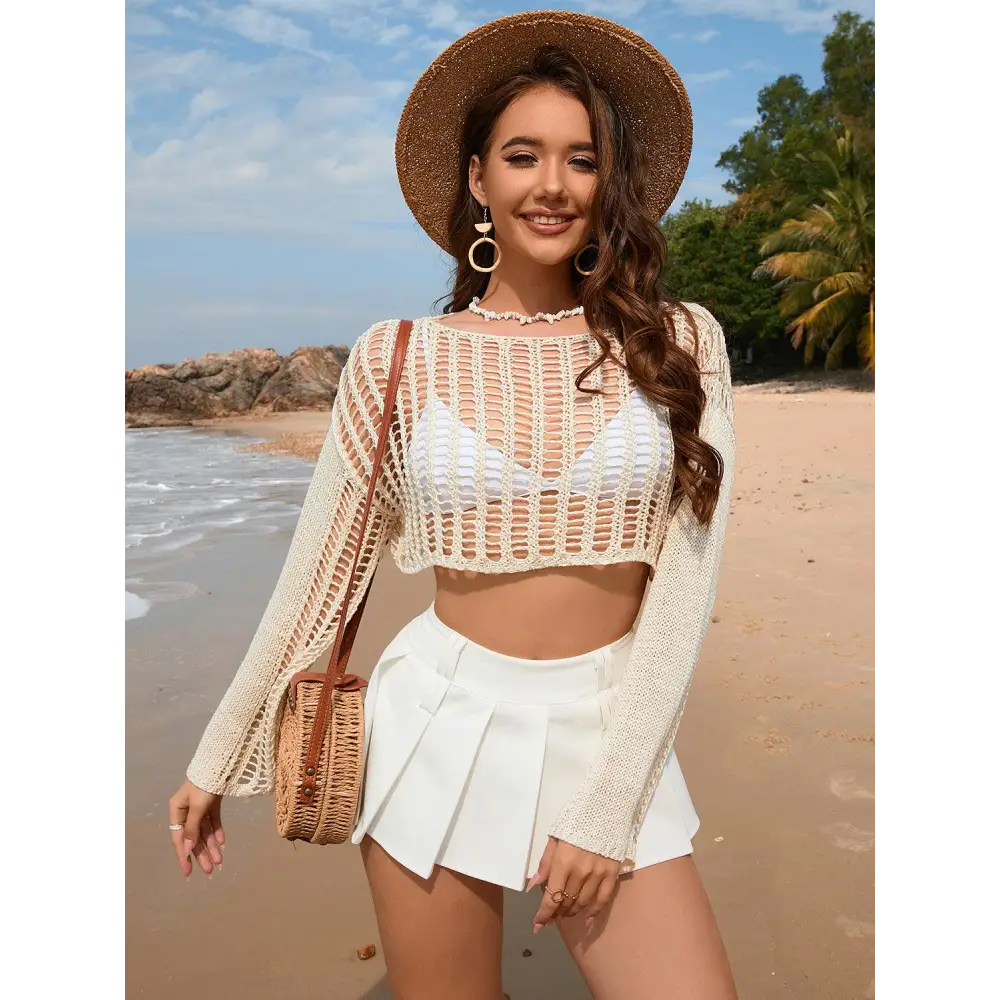 Openwork Boat Neck Long Sleeve Cover-Up