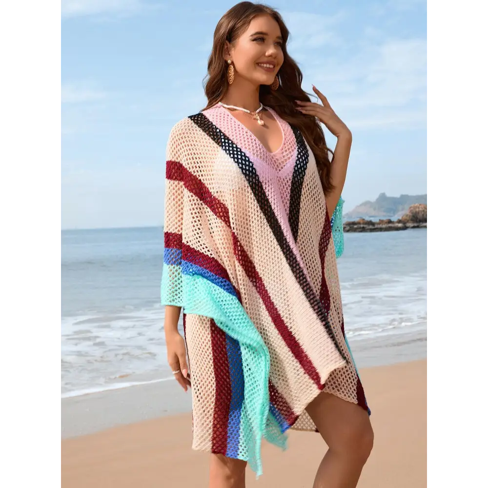 Openwork Color Block Plunge Cover-Up